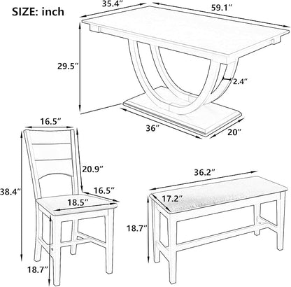 Ball & Cast 6 Piece Dining Table Set with 4 Upholstered Chairs & 1 Bench,Wooden Living Room Furniture for 6 W/ 59.1" Rectangle Kitchen Desk,for Restaurant,Home Bistro,Natural Wood