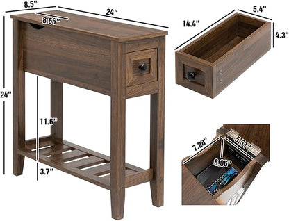 End Table with Movable Top and Charging Station, Narrow Side Table with Storage Cabinet and USB, Sofa Table for Living Room Bedroom