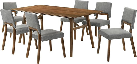 Armen Living Channell Mid Century Modern 7 Piece Walnut Wood Dining Table Set with Charcoal Fabric