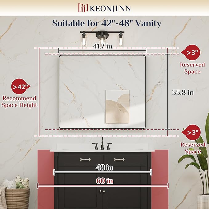 Keonjinn Black Bathroom Mirror for Over Sink, 42 x 36 Inch Large Rounded Rectangle Bathroom Vanity Mirror, Matte Black Farmhouse Wall Mirror, HD Tempered Glass, Seamless Aluminum Alloy Frame Mirror