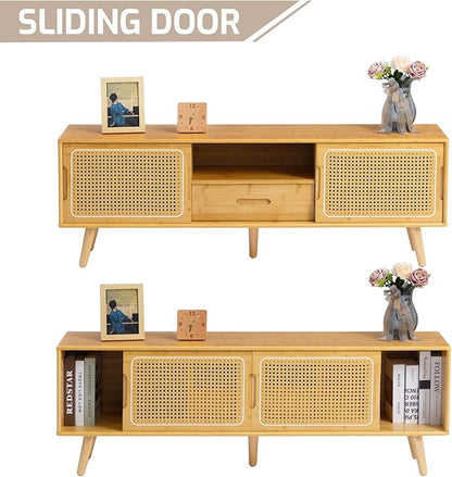 HollyHOME Bamboo TV Stand with Storage for TVs up to 65", Modern Entertainment Center with Rattan and Drawer, Accent TV Table with 2 Shelf, Media Console Cabinet for Living Room, Bedroom, Burlywood