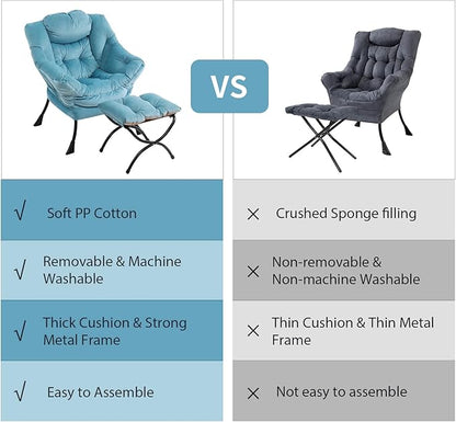 Lazy Chair with Ottoman, Modern Chair with Folding Footrest, Lounge Accent Chair, Comfortable Reading Chair (Velvet Light Blue