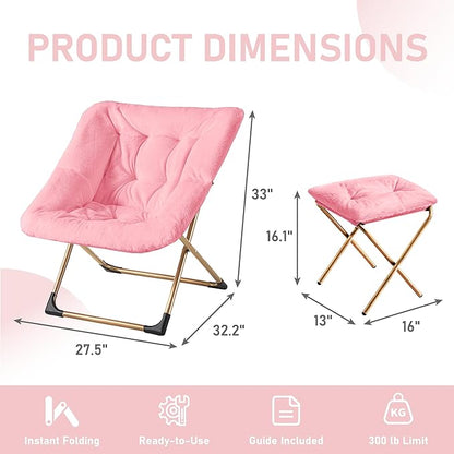 Comfy Oversized Saucer Chair with Ottoman,Soft Faux Fur Reading Lounge Chair for Adults,Stable X-Large Metal Frame and Non-Slip Pad,Cozy Chair for Bedroom, Living Room, Dorm, Office, Pink