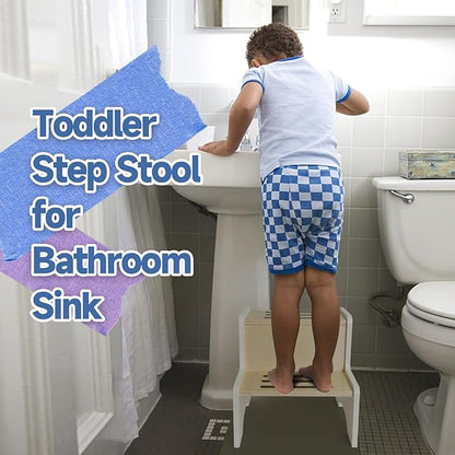 WOOD CITY Kids Step Stool for Toddler, Wooden White-Natural Patchwork Two Step Children's Stool with Handles, Bonus Non-Slip Pads for Safety, Bathroom Potty Stool & Kitchen Step Stools Dual Height