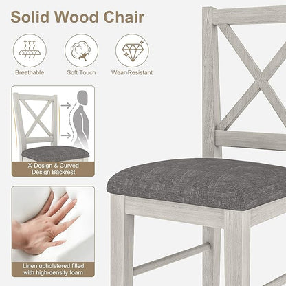 5-Piece Dining Table Set for 4, Solid Wood Kitchen Table Set with 4 Upholstered Dining Chairs, 47'' Farmhouse Structure Table & Chair Set for Kitchen, Dining Room, Restaurant, Washed Gray