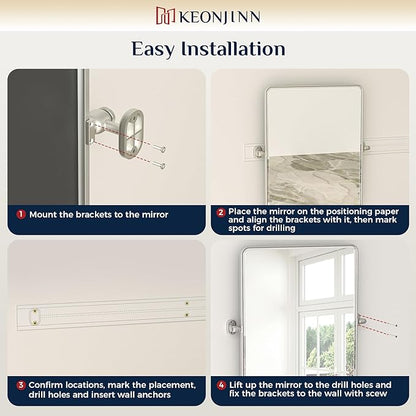 Keonjinn 24 x 36 in Silver Pivot Mirror, Satin Nickel Beveled Tilt Mirror Bathroom Rectangle, Adjustable Tilted Mirrors Bathroom for Over Sink, Framed Vanity Mirrors for Wall (Horizontal/Vertical)