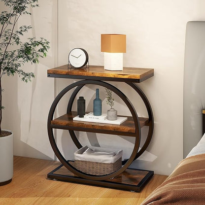 IBUYKE Narrow End Table with 3 Storage Shelves, Industrial Sofa Side Table, Double Round Metal Frames, Slim Nightstand and Bedside Table for Bedroom, Living Room, Rustic Brown UTMJ418H