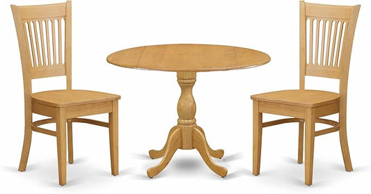 East West Furniture DMVA3-OAK-W 3 Piece Dinette Set for Small Spaces Contains a Round Dining Table with Dropleaf and 2 Dining Room Chairs, 42x42 Inch, Oak
