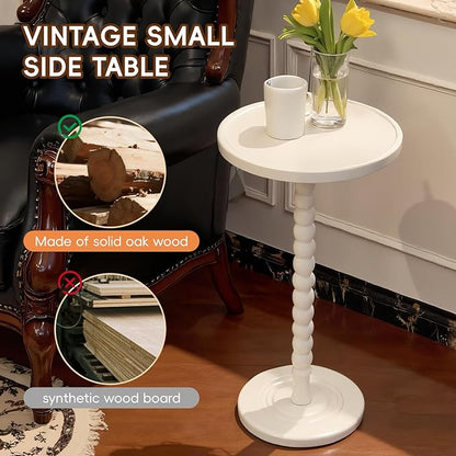 Small Accent Wood End Table, 12inch Round Bedside Table, Natural Side Table Nightstand for Family, Bedroom, Living Room, Handcrafted Finish, White