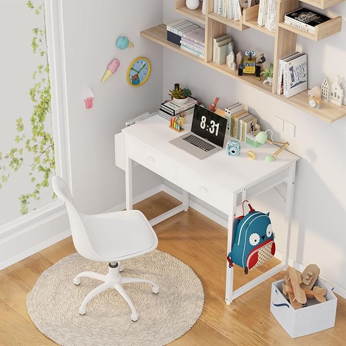 Lufeiya Small White Desk with Drawers - for Bedroom, 32 Inch Home Office Computer Desk with Fabric Storage Drawer and Bag, Study Writing Table for Small Spaces, White