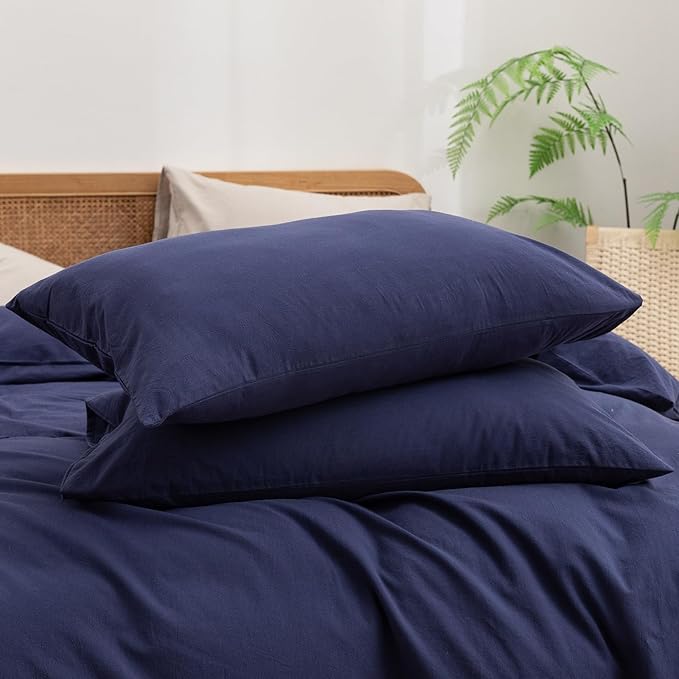 BESTOUCH Duvet Cover Set 100% Washed Cotton Linen Feel Super Soft Comfortable Chic Lightweight 3 PCs Home Bedding Set Solid Navy Blue Queen