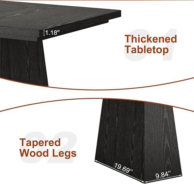 63 Inch Dining Table for 4-6, Modern Kitchen Dinner Table with Double Robust Pedestal, Wood Rectangular Eating Tables for Living Room, Dining Room, Dark Black