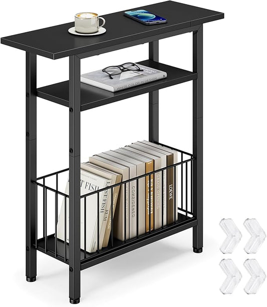 Vagusicc Narrow Side Table, 3-Tier Skinny End Table for Couch, Small side Tables for Small Spaces, Bed Side Table with Storage, 25.2" Tall Slim Nightstand Bedside table for Living Room, Bedroom, Black
