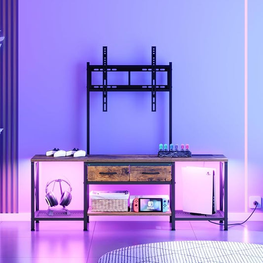 TV Stand with Mount, Power Outlet and LED Light, Entertainment Center, Adjustable TV Stand, for 32-70 inch TVs, 2-Tier Storage, for Living Room, Bedroom, Rustic Brown and Black TDS12UDBF