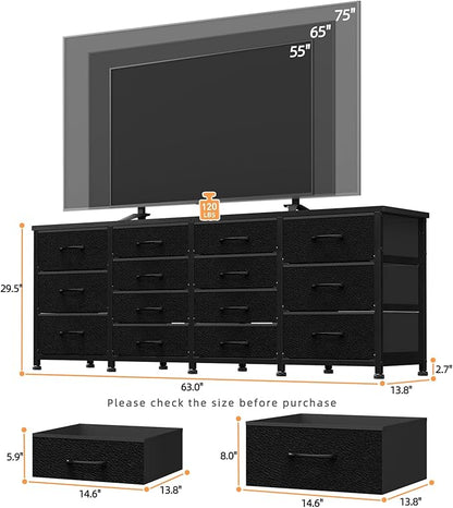 63 Inch TV Stand Dresser for Bedroom, Long Black Dresser with 14 Fabric Drawers for 65 70 75 Inch TV, Entertainment Center with Storage Media TV Console Table