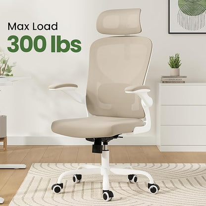 Ergonomic Office Chair, Comfy Home Office Chair High Back Computer Chair with Headrest, Adjustable Back Support, Flip-Up Arms, 90-120° Tilt and Wide Cushion, Up to 300lbs, Khaki+White