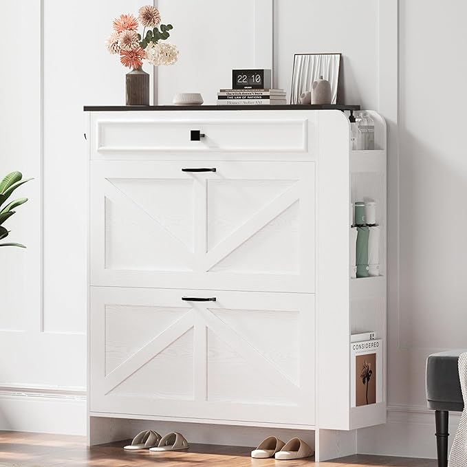 IRONCK Shoe Storage Cabinet with 2 Flip Drawers & Barn Door Design, Freestanding Shoe Cabinet Organizer with Drawer and Shelves for Entryway, Farmhouse Shoe Rack Cabinet, White/Black