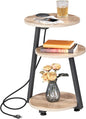 BEWISHOME Round End Table with Charging Station, Side Accent Table with 3-Tier Shelves, Small Couch Table for Living Room Greige KTZ51G
