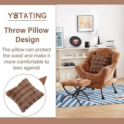 Lazy Chair with Ottoman, Comfy Reading Chair with Footstool & Throw Pillow Modern Lounge Accent Chair with Armrests & Side Pocket for Living Room, Bedroom, Dorm Room, Office, Plush Brown