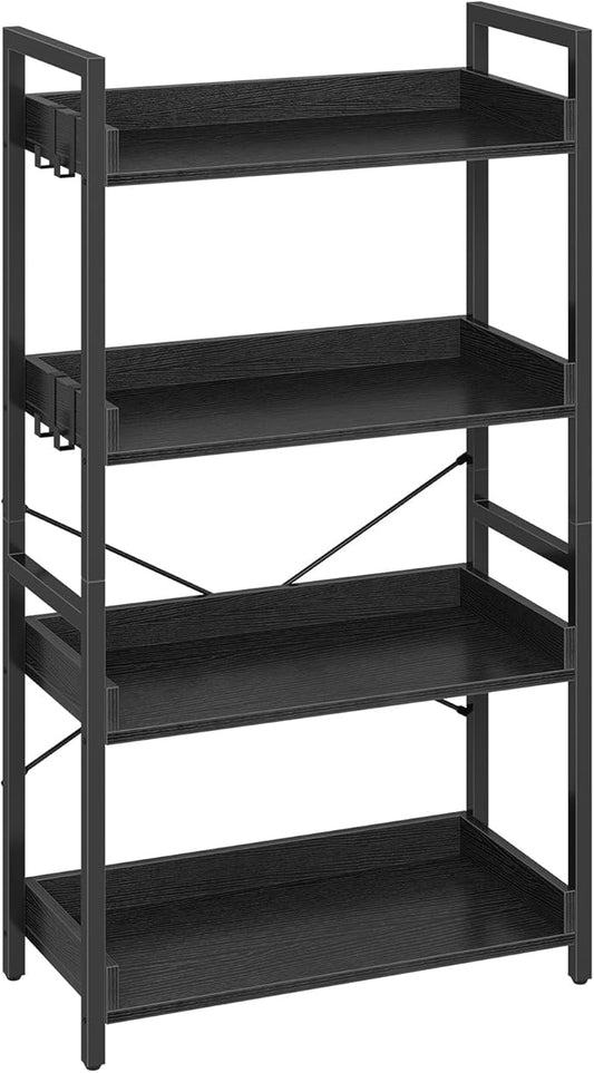 Rolanstar Bookshelf 4 Tier with 4 Hooks, Industrial Bookcase, Vintage Storage Rack with Open Shelves, Rustic Standing Bookshelves Metal Frame Display Rack for Living Room, Bedroom, Black
