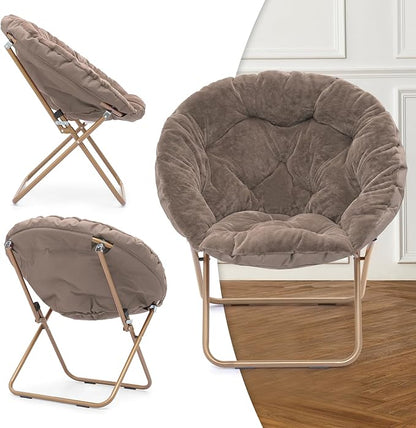 MoNiBloom Round Folding Faux Fur Saucer Chair for Bedroom Living Room Dorm Foldable Metal Frame Oversized Large Comfy Furry Padded Soft Cozy Moon Chair with Footrest Ottoman for Adults (Beige)