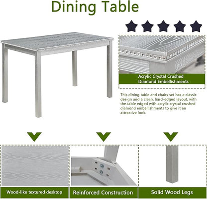 KEIKI 5-Piece Standard Height Dining Table Set with Rectangular Table and 4 Upholstered Chair, for 4 Person, Crystal Decoration Wooden Table Set, Easy Assembly, for Kitchen, Dining Room, Silver Grey