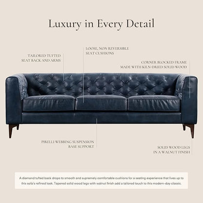Poly & Bark Essex Leather Couch - 89-Inch Sofa with Tufted Back - Full-Grain Leather Sofa for Living Room with Feather-Down Topper - Living Room Couch - Vintage Italian Leather in Midnight Blue