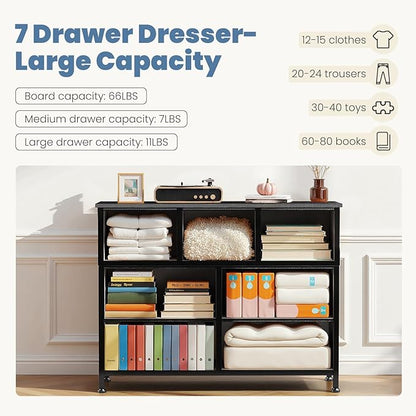 DUMOS Dresser for Bedroom, Chest of Drawers, Closet Storage with 7 Drawers, Cloth Dresser Clothes Organizers Tower with Fabric Bins, Metal Frame, Wood Tabletop for Nursery, Guest Room, Living Room