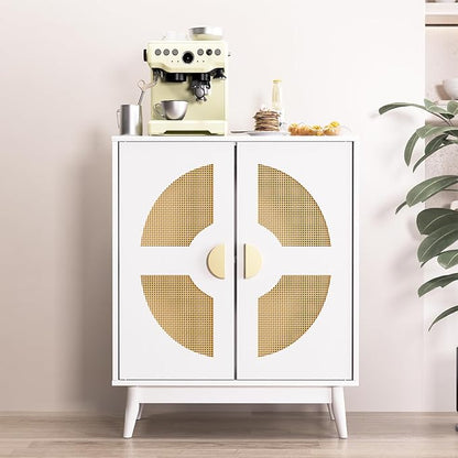 Buffet Cabinet White with Storage, Kitchen Sideboard with Doors & Shelves, Rattan Accent Buffet Console Walnut Media Console Mid Century Coffee Bar Table for Living Room Kitchen Dining Room