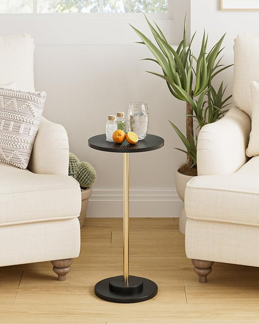 Round Side Table, Small Drink Table for Small Spaces, Modern Accent End Table Coffee Table with Metal Leg for Living Room, Bedroom, Corners, and Office (Black Gold)