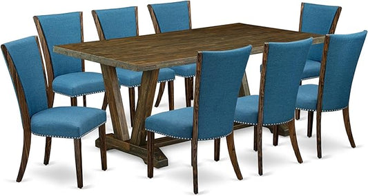 East West Furniture V777VE721-9 9 Piece Modern Dining Table Set Includes a Rectangle Wooden Table with V-Legs and 8 Blue Color Linen Fabric Parsons Dining Chairs, 40x72 Inch, Multi-Color