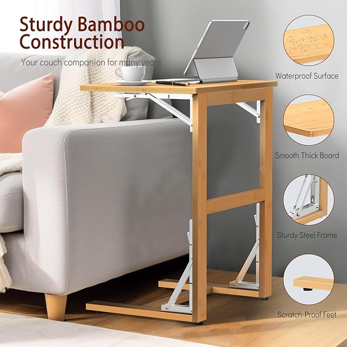 Tatub 24'' Folding TV Tray Table, Foldable C Shaped End Table Slide Under Couch, Small Sofa Side Laptop Desk for Living Room, Bedroom, Nature