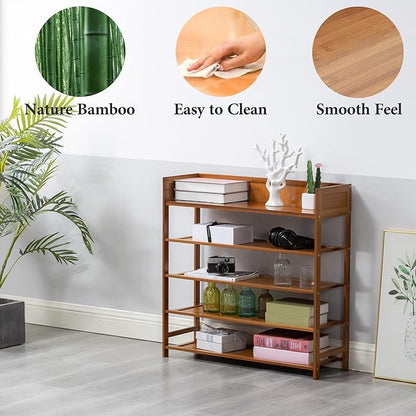 Bamboo Shoe Rack Organizer, 5 Tier Shoe Shelf Storage Organizer, for Entryway, Hallway, and Closet (Brown-31.5)