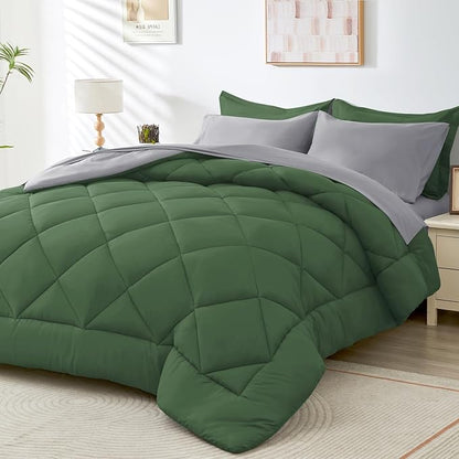 HEVUMYI Twin Comforter Set - 5-Piece All Season Bed in a Bag Twin, Ultra Soft Bedding Set with Comforter, Flat Sheet, Fitted Sheet, Pillowcases, Pillow Shams, Green & Light Grey
