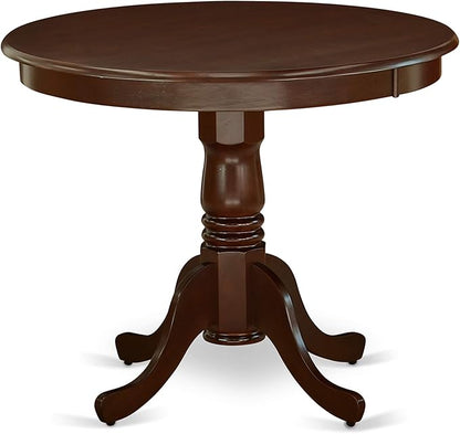 East West Furniture ANAB3-MAH-18 3 Piece Modern Dining Table Set Contains a Round Kitchen Table with Pedestal and 2 Coffee Linen Fabric Parson Dining Chairs, 36x36 Inch, Mahogany