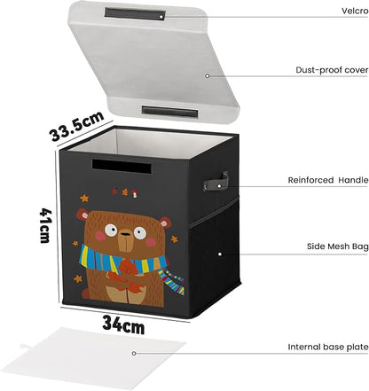 40L Large Toy Storage Box with Lid, Large Toy Box Chest for Kids, Girls and Boys, Nursery Room and Living Room, 13"x13" x16" (black-bear)