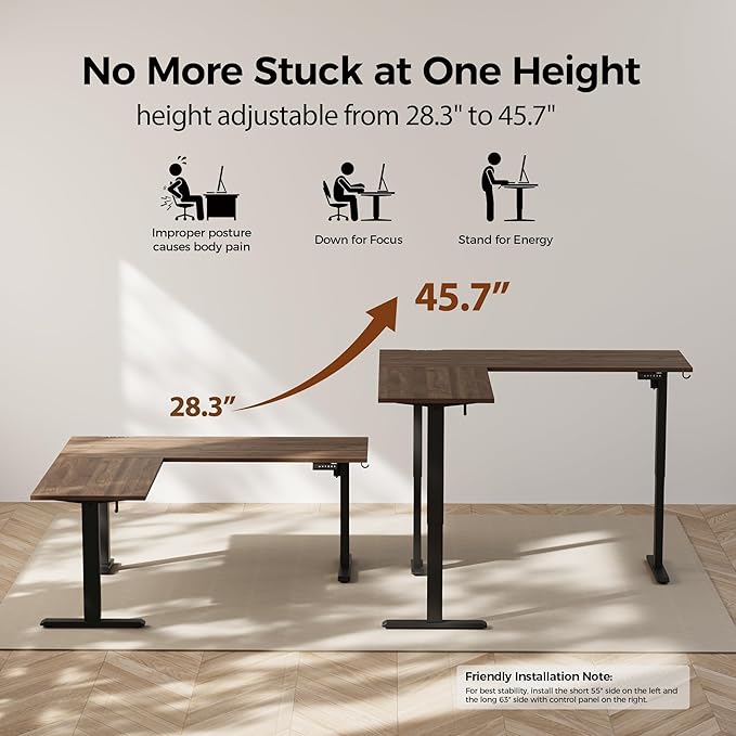 Agilestic 63 x 55 Inch L Shaped Standing Desk Adjustable Height, Corner Standing Desk, Sit Stand Up Computer Table, Splice Board, Dark Walnut