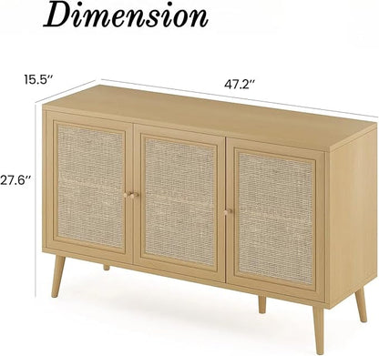 Rattan Entryway Table, Entertainment Center with Adjustable Shelf, Sideboard Buffet Cabinet with 3 Rattan Doors, Modern Console Cabinet with Large Storage for Living Room, Kitchen, Brown