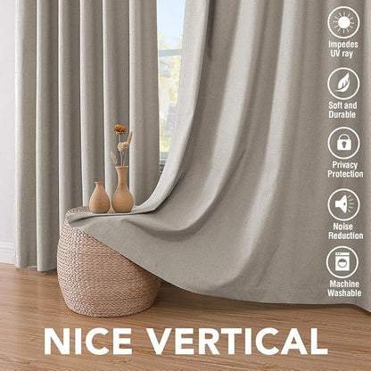 H.VERSAILTEX Linen Blackout Curtains 45 Inches Long 100% Absolutely Blackout Thermal Insulated Textured Linen Look Curtain Draperies Anti-Rust Grommet, Energy Saving with White Liner, 2 Panels, Stone