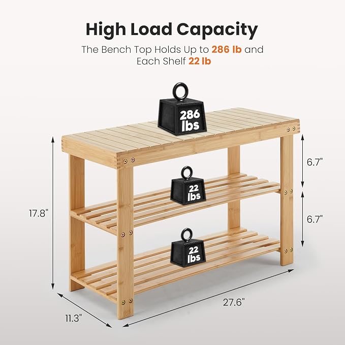 Sweetcrispy Shoe Rack Bench, 3-Tier Bamboo Entryway Storage Organizer, 286lb Capacity, Shoes Stand for FrontDoor Entrance, Bedroom, Living Room, Bathroom, Balcony, 11.3 x 27.6 x 17.8 Inches, Wood