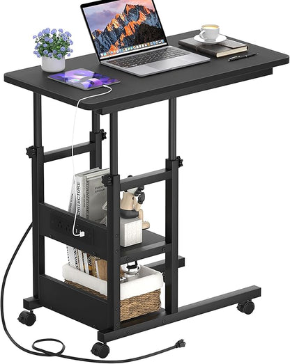 Height Adjustable End Table with Charging Station, Mobile C Shaped Laptop Side Table with Wheels, 3-Tier Sofa Couch Table with Storage Shelve for Living Room Bedroom, Black