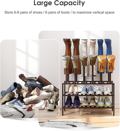 Boot Rack, Brown Boot Rack Organizer Tall Boots with Shoe Rack for Closet, Bamboo Wood Shoe Shelf Storage Organizer for Entryway Space