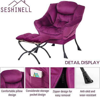 Lazy Chair with Ottoman, Modern Accent Chair Lounge Leisure Sofa Chair with Armrests, Reading Chair and Folding Footstool Set for Living Room, Bedroom, Office