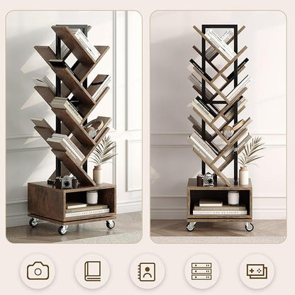 49" Rotating Tree Bookshelf, 7 Tier Double Sided Shelf, Wood Corner Bookshelf with Wheels, 360 Display Spinning Bookcase Storage Rack, Ideal for Small Rooms, Easy Assembly, Rustic Brown