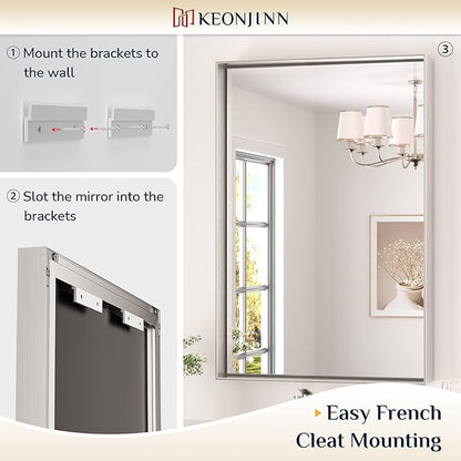 Keonjinn 40 x 24 in Brushed Nickel Bathroom Mirror for Wall, Silver Rectangular Metal Framed Vanity Mirror for Bathroom Sink Square Corner Aluminum Alloy Modern Rectangle Mirror(Horizontal/Vertical)