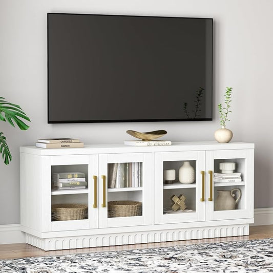 TV Stand for TVs up to 65 Inch, Entertainment Center with Storage Cabinets, Contemporary Modern TV Cabinet Media Console Table with Glass Doors for Living Room Bedroom, Montauk White