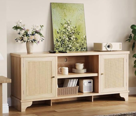 GarveeHome Rattan TV Stand for Living Room, Boho Entertainment Center for 55, 65, 70 Inch TV, Wooden Console Cabinet with Storage and Shelf, Natural Oak