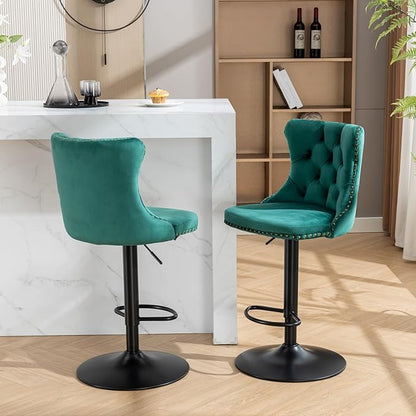 PacknWood Acosure Swivel Velvet Bar Stools Adjusatble Seat Height from 25-33" with 17.7" Base, Modern Upholstered Chairs W/Backs Comfortable Tufted,for Home Pub,Kitchen,Green,Set of 2
