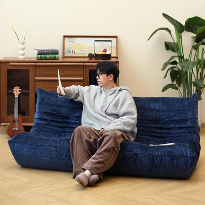 N&V Fireside Chair, Mid Century Armless Floor Sofa, Soft Premium Chenille Floor Lounge Chair, Foam Sofa Accent Chair for Living Room Bedroom and Office (Blue, Three Seater)