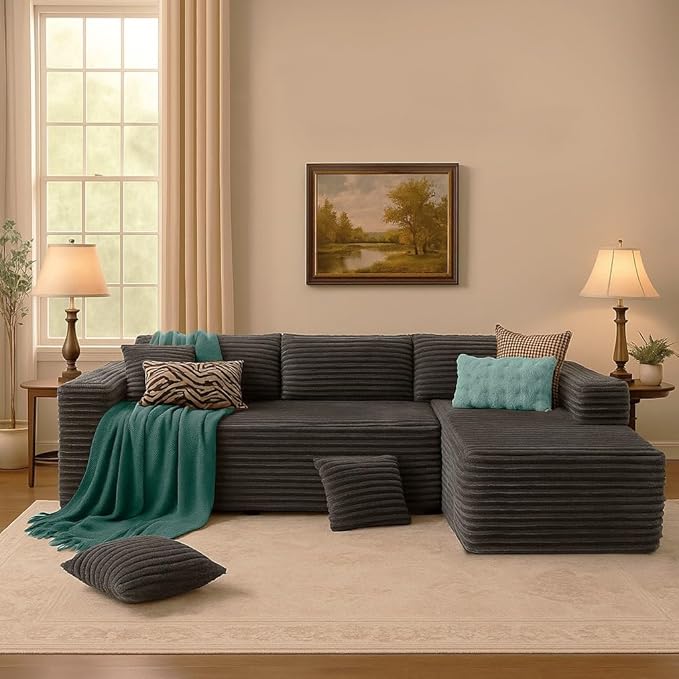 COMHOMA 105”Modular Sectional Sofa with Deep Seat,Cloud Upholstered L-Shape Couch Wide Arms Corduroy Fabric High-Density Foam Chaise Lounge for Living Room No Assembly Required